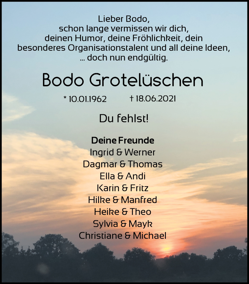  Traueranzeige für Bodo Grotelüschen vom 26.06.2021 aus Nordwest-Zeitung