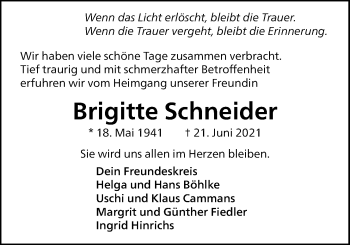Traueranzeige von Brigitte Schneider von Nordwest-Zeitung