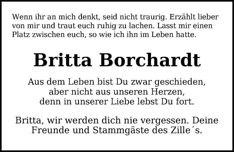  Traueranzeige für Britta Borchardt vom 09.06.2021 aus Nordwest-Zeitung