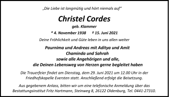 Traueranzeige von Christel Cordes von Nordwest-Zeitung