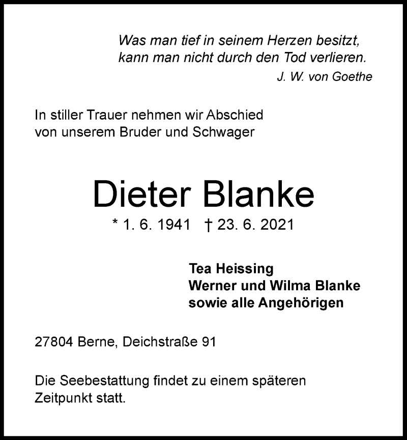  Traueranzeige für Dieter Blanke vom 26.06.2021 aus Nordwest-Zeitung
