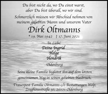 Traueranzeige von Dirk Oltmanns von Nordwest-Zeitung