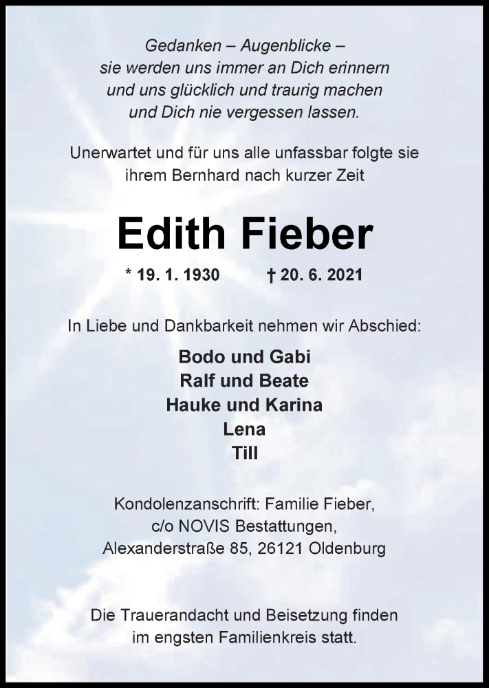  Traueranzeige für Edith Fieber vom 23.06.2021 aus Nordwest-Zeitung