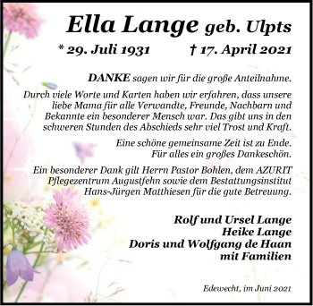 Traueranzeige von Ella Lange von Nordwest-Zeitung