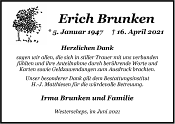 Traueranzeige von Erich Brunken von Nordwest-Zeitung