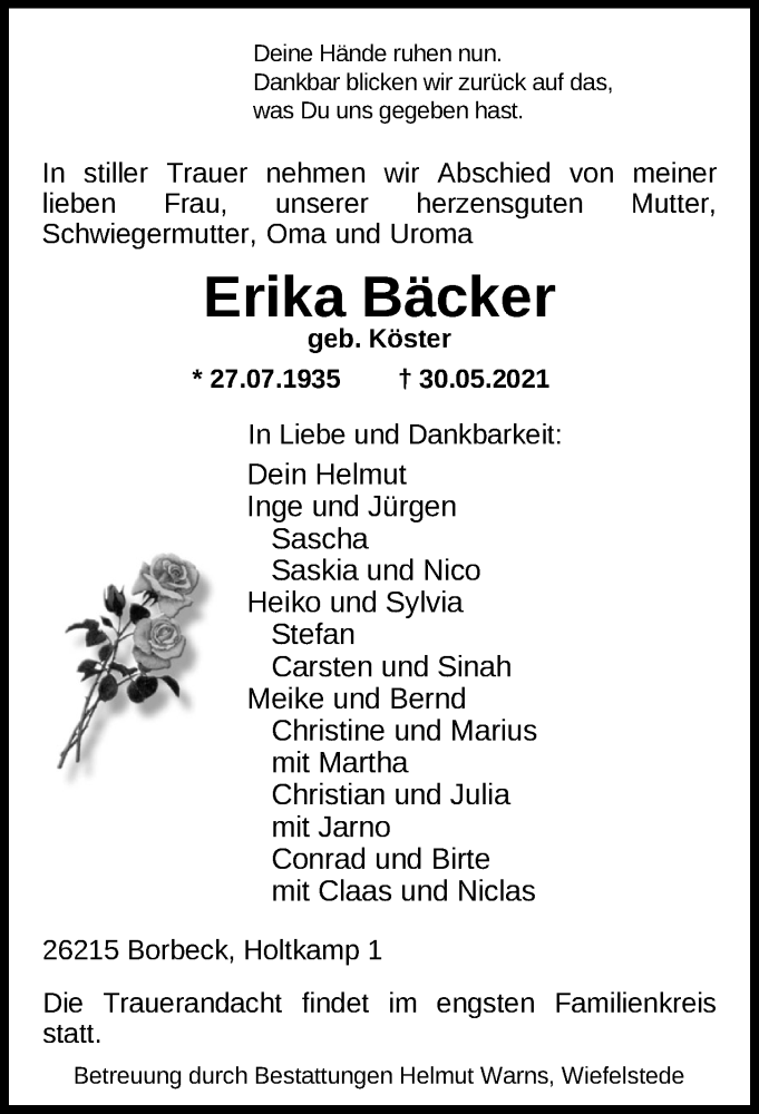  Traueranzeige für Erika Bäcker vom 04.06.2021 aus Nordwest-Zeitung