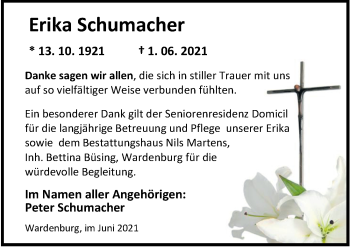 Traueranzeige von Erika Schumacher von Nordwest-Zeitung