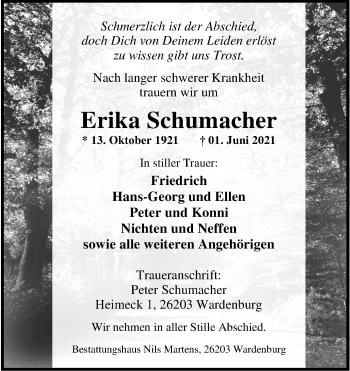 Traueranzeige von Erika Schumacher von Nordwest-Zeitung