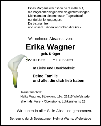 Traueranzeige von Erika Wagner von Nordwest-Zeitung