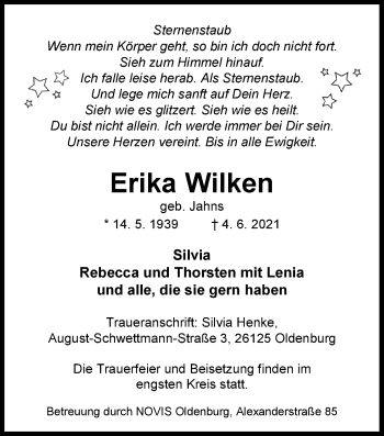 Traueranzeige von Erika Wilken von Nordwest-Zeitung