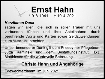 Traueranzeige von Ernst Hahn von Nordwest-Zeitung