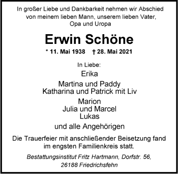Traueranzeige von Erwin Schöne von Nordwest-Zeitung