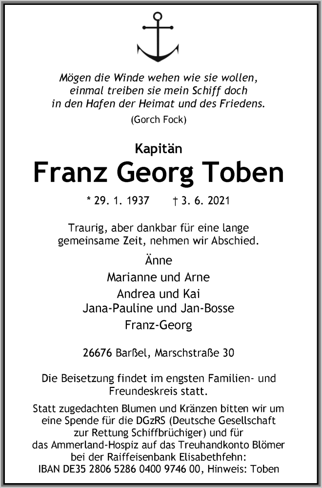  Traueranzeige für Franz Georg Toben vom 08.06.2021 aus Nordwest-Zeitung