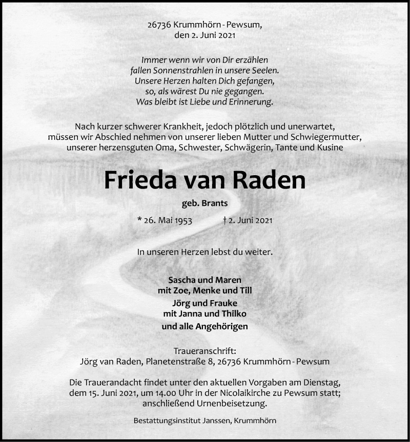  Traueranzeige für Frieda van Raden vom 05.06.2021 aus Emder Zeitung