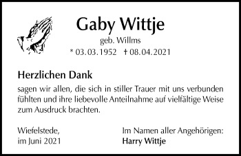 Traueranzeige von Gaby Wittje von Nordwest-Zeitung