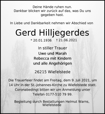 Traueranzeige von Gerd Hilljegerdes von Nordwest-Zeitung