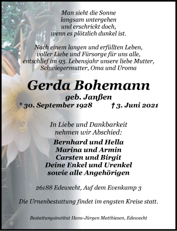 Traueranzeige von Gerda Bohemann von Nordwest-Zeitung