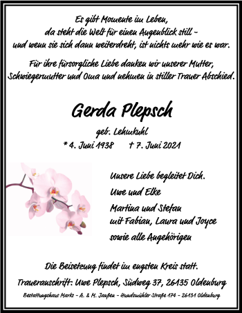 Traueranzeige von Gerda Plepsch von Nordwest-Zeitung