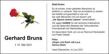 Traueranzeige von Gerhard Bruns von Nordwest-Zeitung