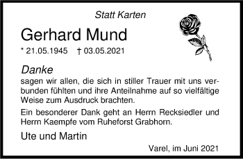Traueranzeige von Gerhard Mund von Nordwest-Zeitung