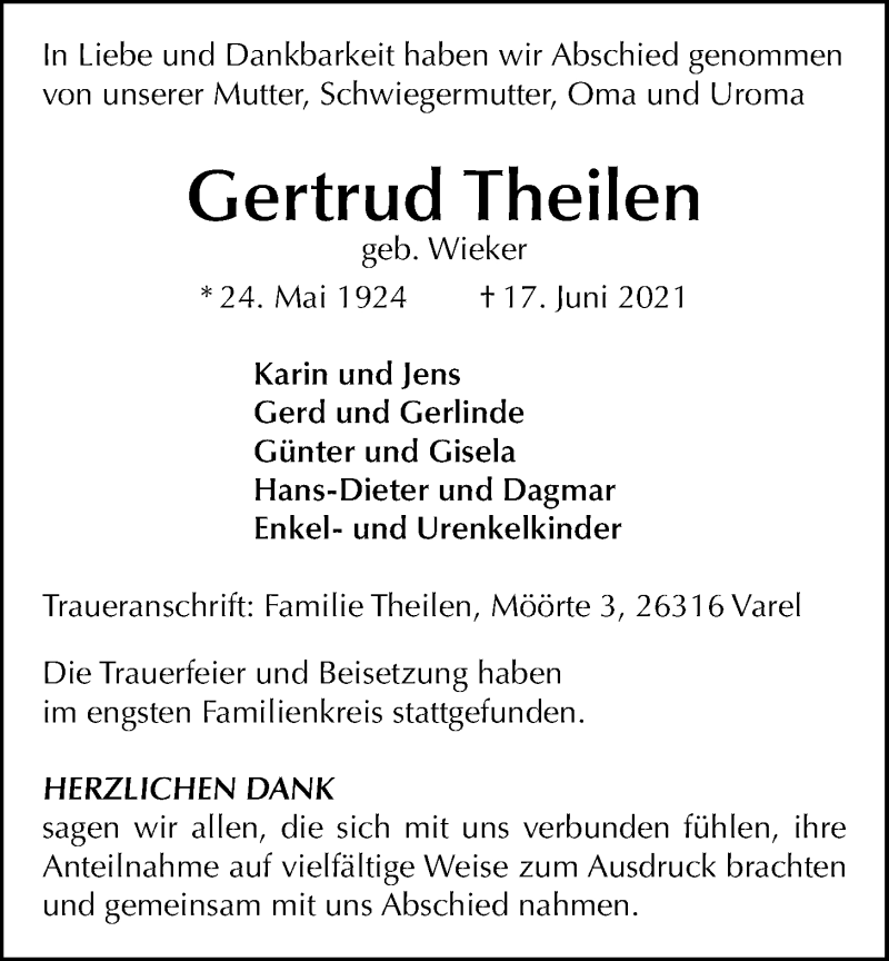  Traueranzeige für Gertrud Theilen vom 25.06.2021 aus Nordwest-Zeitung