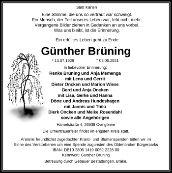 Traueranzeige von Günther Brüning von Nordwest-Zeitung