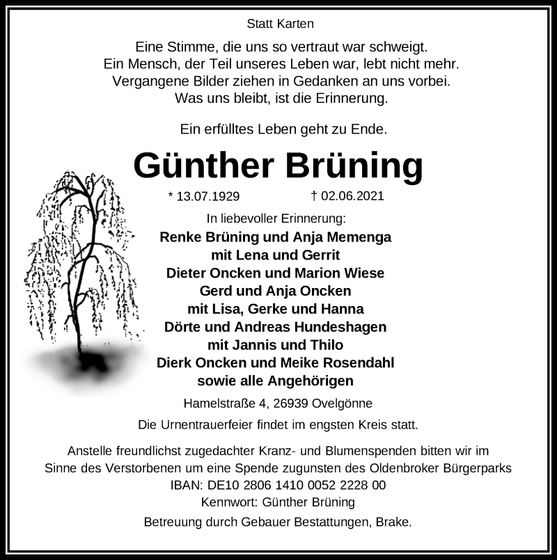  Traueranzeige für Günther Brüning vom 05.06.2021 aus Nordwest-Zeitung