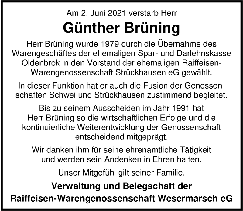  Traueranzeige für Günther Brüning vom 08.06.2021 aus Nordwest-Zeitung