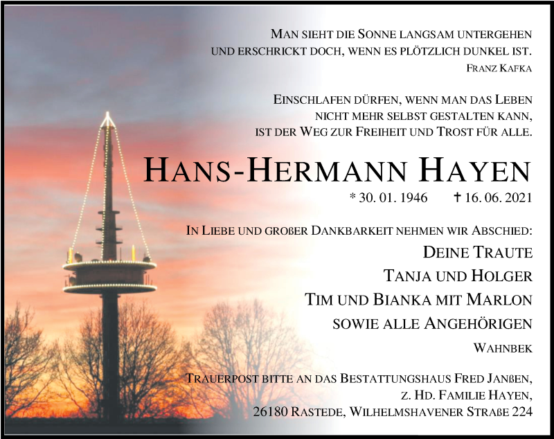  Traueranzeige für Hans-Hermann Hayen vom 22.06.2021 aus Nordwest-Zeitung