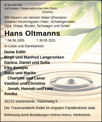 Traueranzeige von Hans Oltmanns von Nordwest-Zeitung