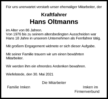 Traueranzeige von Hans Oltmanns von Nordwest-Zeitung