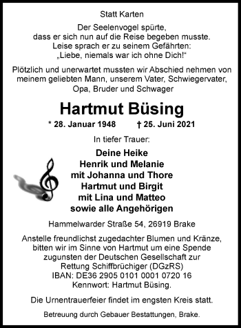 Traueranzeige von Hartmut Büsing von Nordwest-Zeitung