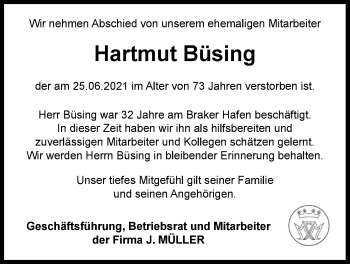 Traueranzeige von Hartmut Büsing von Nordwest-Zeitung