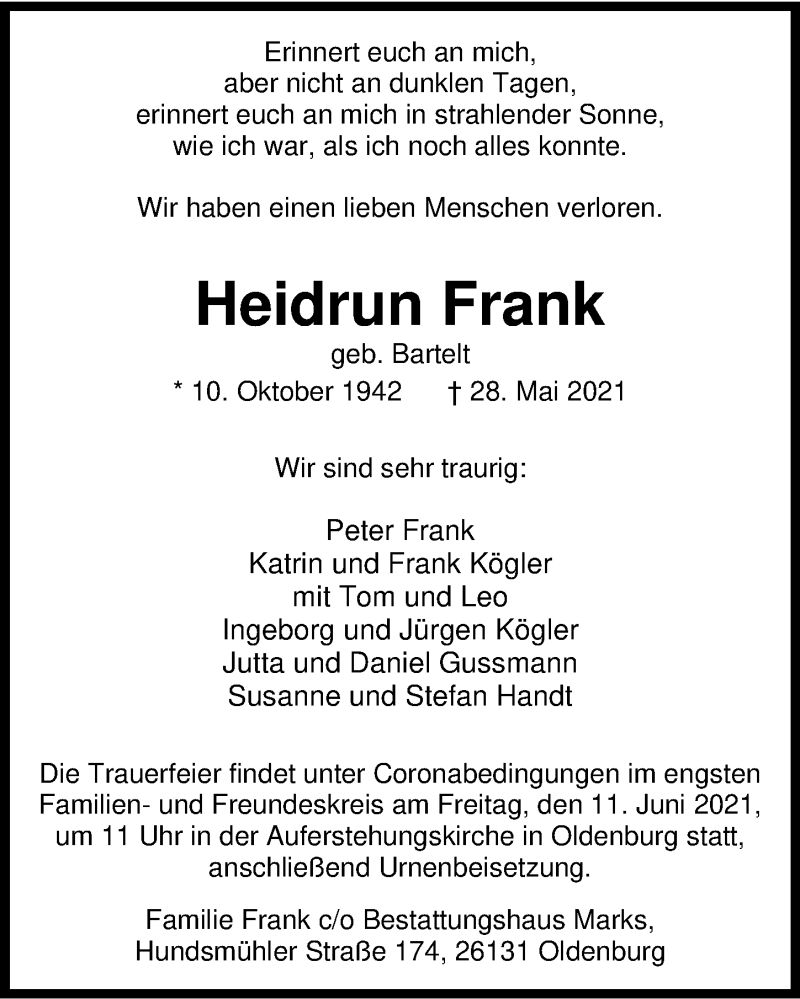 Traueranzeige für Heidrun Frank vom 05.06.2021 aus Nordwest-Zeitung