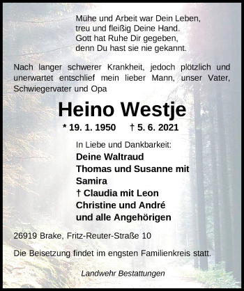Traueranzeige von Heino Westje von Nordwest-Zeitung