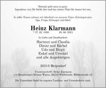 Traueranzeige von Heinz Klarmann von Nordwest-Zeitung