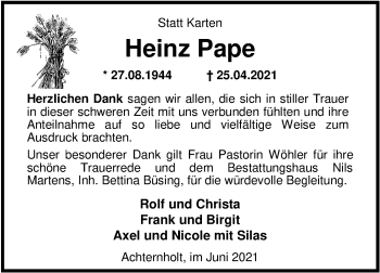 Traueranzeige von Heinz Pape von Nordwest-Zeitung