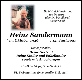 Traueranzeige von Heinz Sandermann von Nordwest-Zeitung