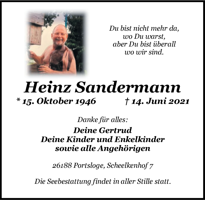  Traueranzeige für Heinz Sandermann vom 23.06.2021 aus Nordwest-Zeitung