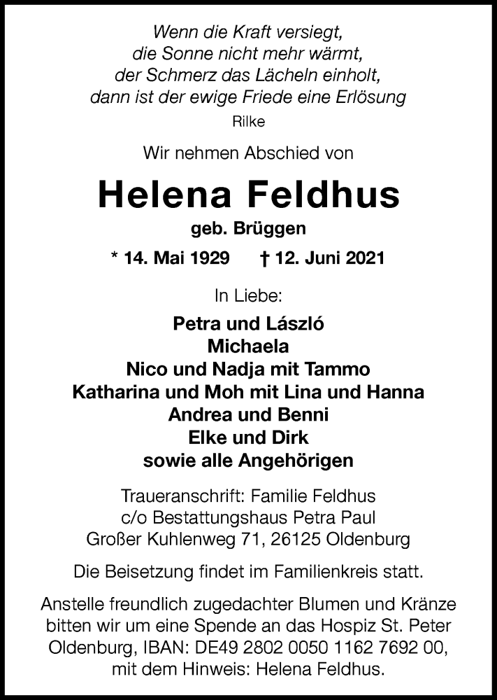  Traueranzeige für Helena Feldhus vom 16.06.2021 aus Nordwest-Zeitung