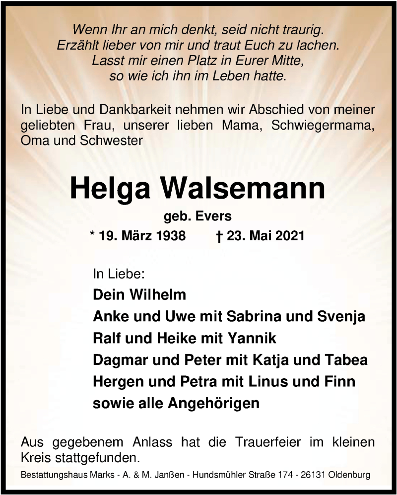  Traueranzeige für Helga Walsemann vom 04.06.2021 aus Nordwest-Zeitung