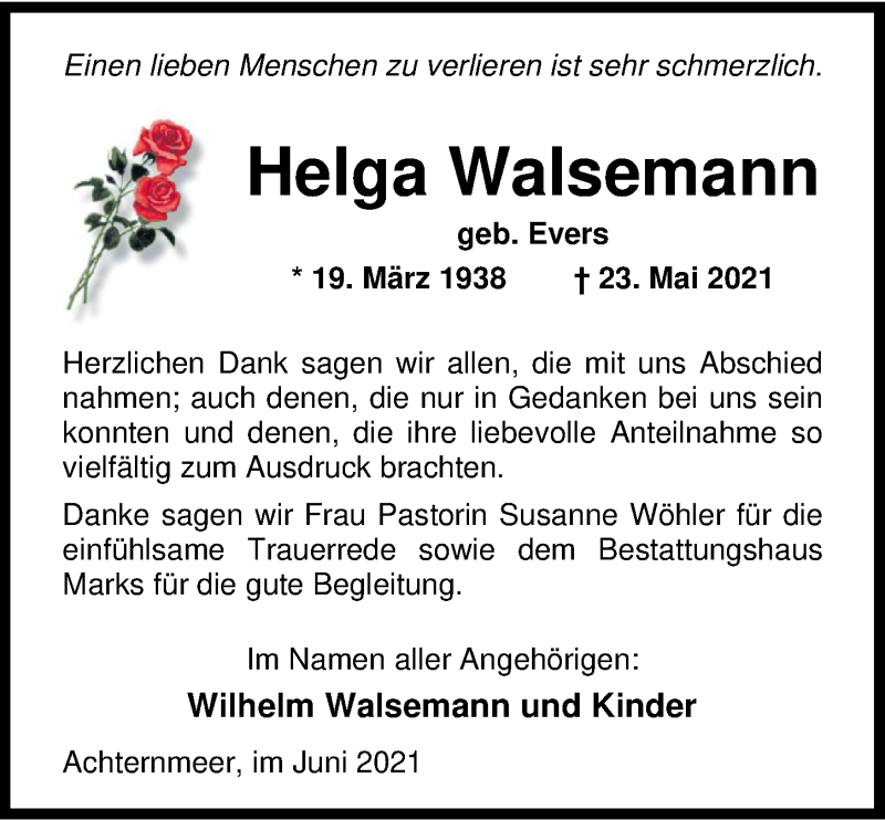  Traueranzeige für Helga Walsemann vom 26.06.2021 aus Nordwest-Zeitung