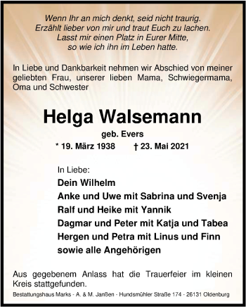 Traueranzeige von Helga Walsemann von Nordwest-Zeitung