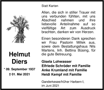 Traueranzeige von Helmut Diers von Nordwest-Zeitung