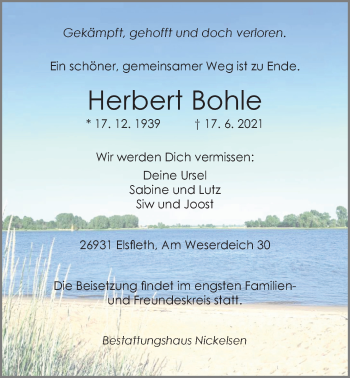 Traueranzeige von Herbert Bohle von Nordwest-Zeitung