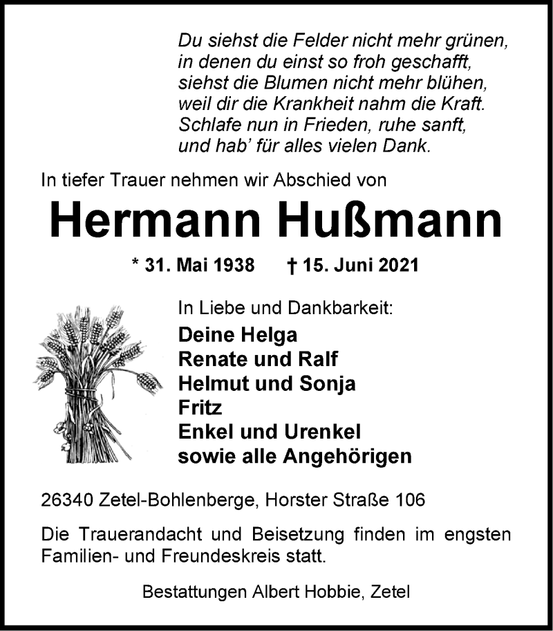  Traueranzeige für Hermann Hußmann vom 18.06.2021 aus Nordwest-Zeitung