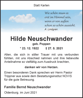 Traueranzeige von Hilde Neuschwander von Nordwest-Zeitung