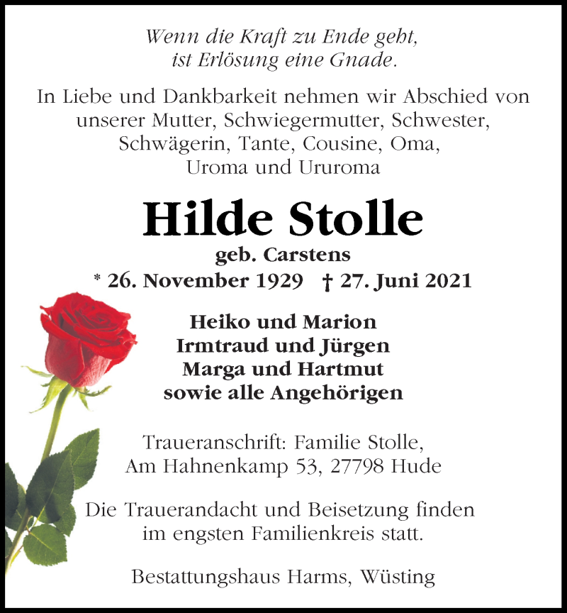  Traueranzeige für Hilde Stolle vom 30.06.2021 aus Nordwest-Zeitung