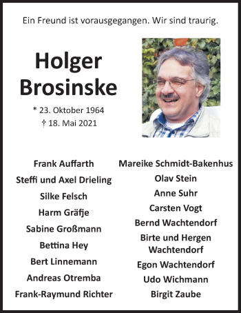 Traueranzeige von Holger Brosinske von Nordwest-Zeitung