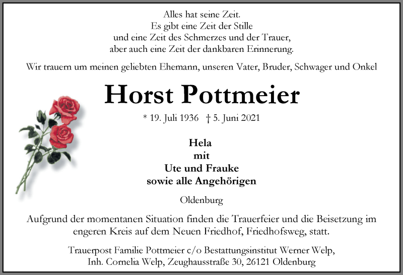  Traueranzeige für Horst Pottmeier vom 12.06.2021 aus Nordwest-Zeitung